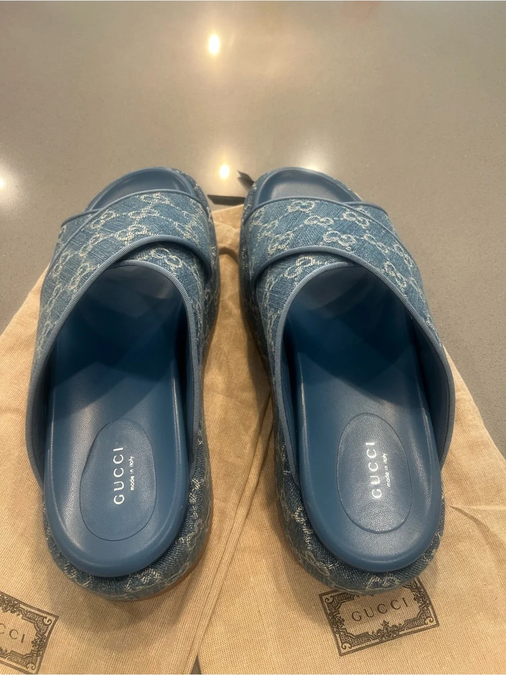 Gucci Blue GG Denim Crisscross Slide Sandals